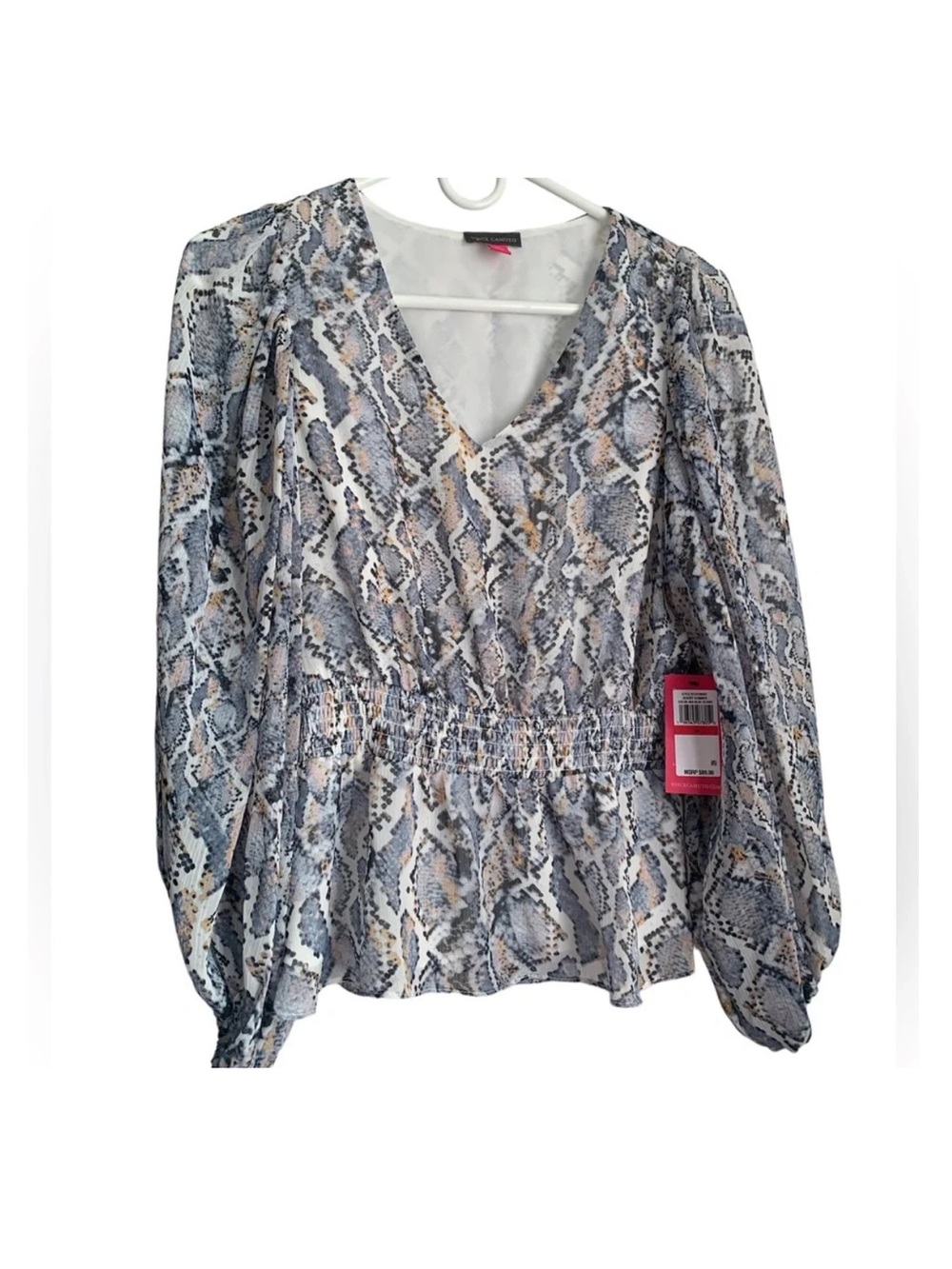Vince Camuto Beige, Cream & Gray Snake-Print V-Neck Peplum Blouse - M